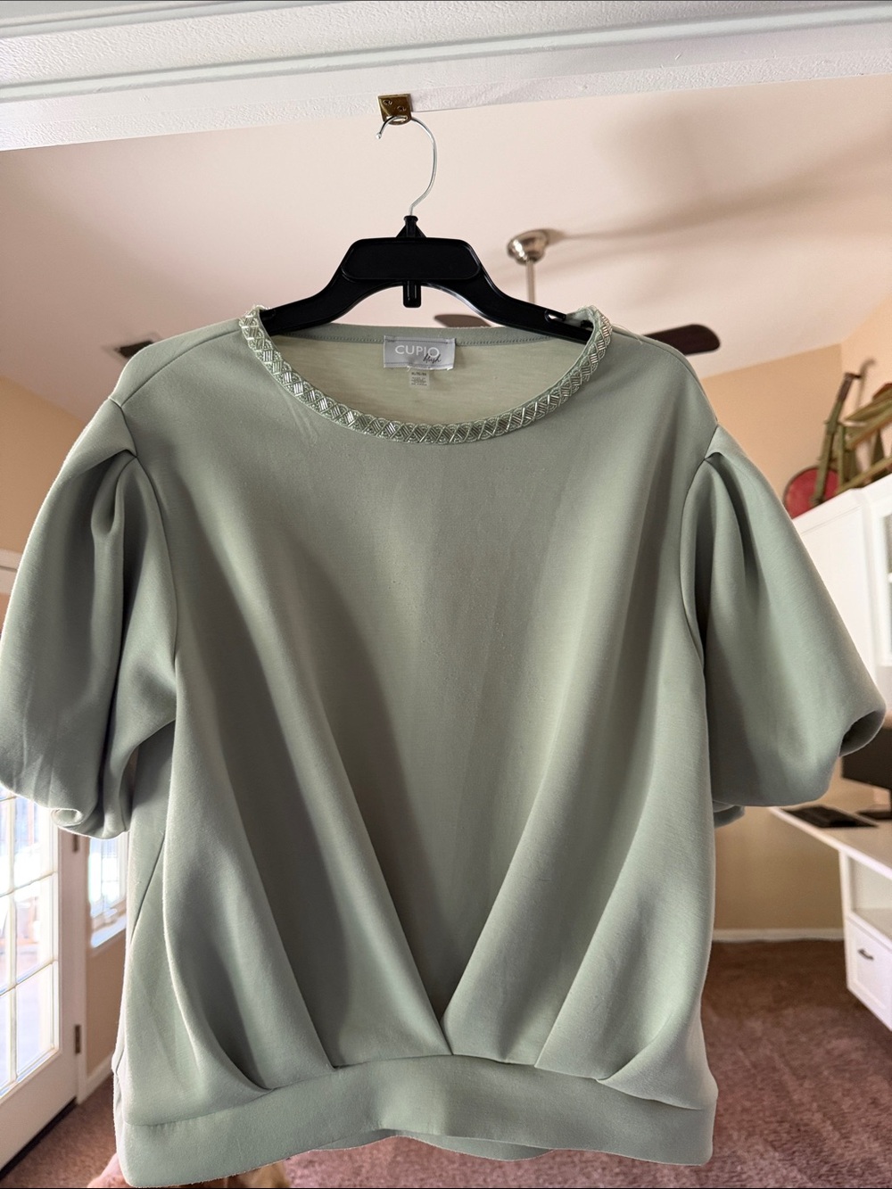 Cupio Light Sage Puff Sleeve Blouse with Braided Neckline